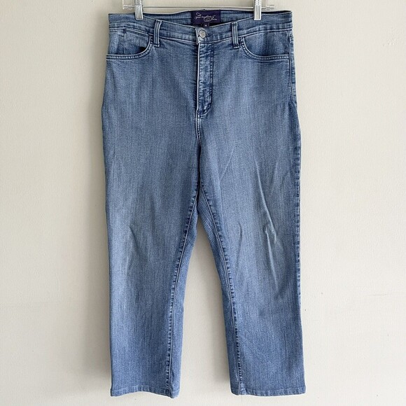 NYDJ Crop Straight Leg Jeans Plus Size 16 High Rise Rhinestones Gem Stretch Blue - Picture 3 of 9